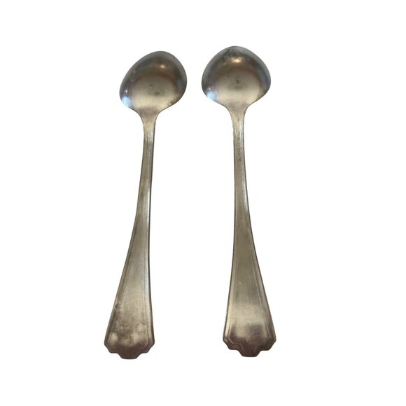 Vintage Oneida Silver Plate Spoons Set Of 2 Scalloped Handle 6" Tarnished Patina - Picture 4 of 6